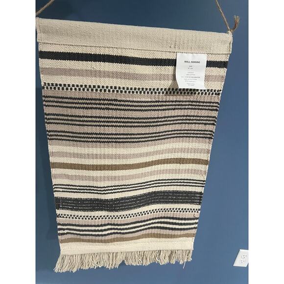 Handwoven Tapestry w/ Fringe Home Decor Boho Farmhouse Morracan Cream Black - Picture 2 of 9